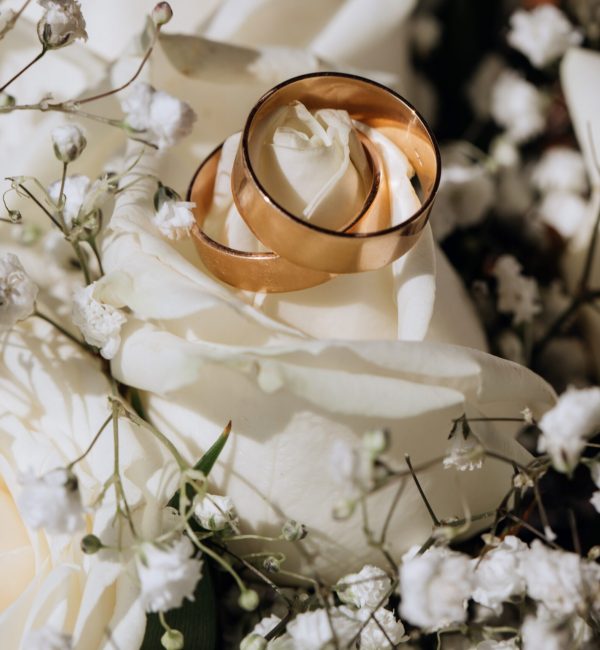 Golden wedding rings on the white rose  from the wedding bouquet